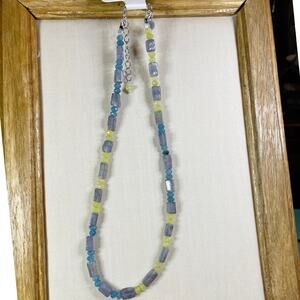 New gemstone necklace in blue gray and yellow color block, agate & iolite, 15”